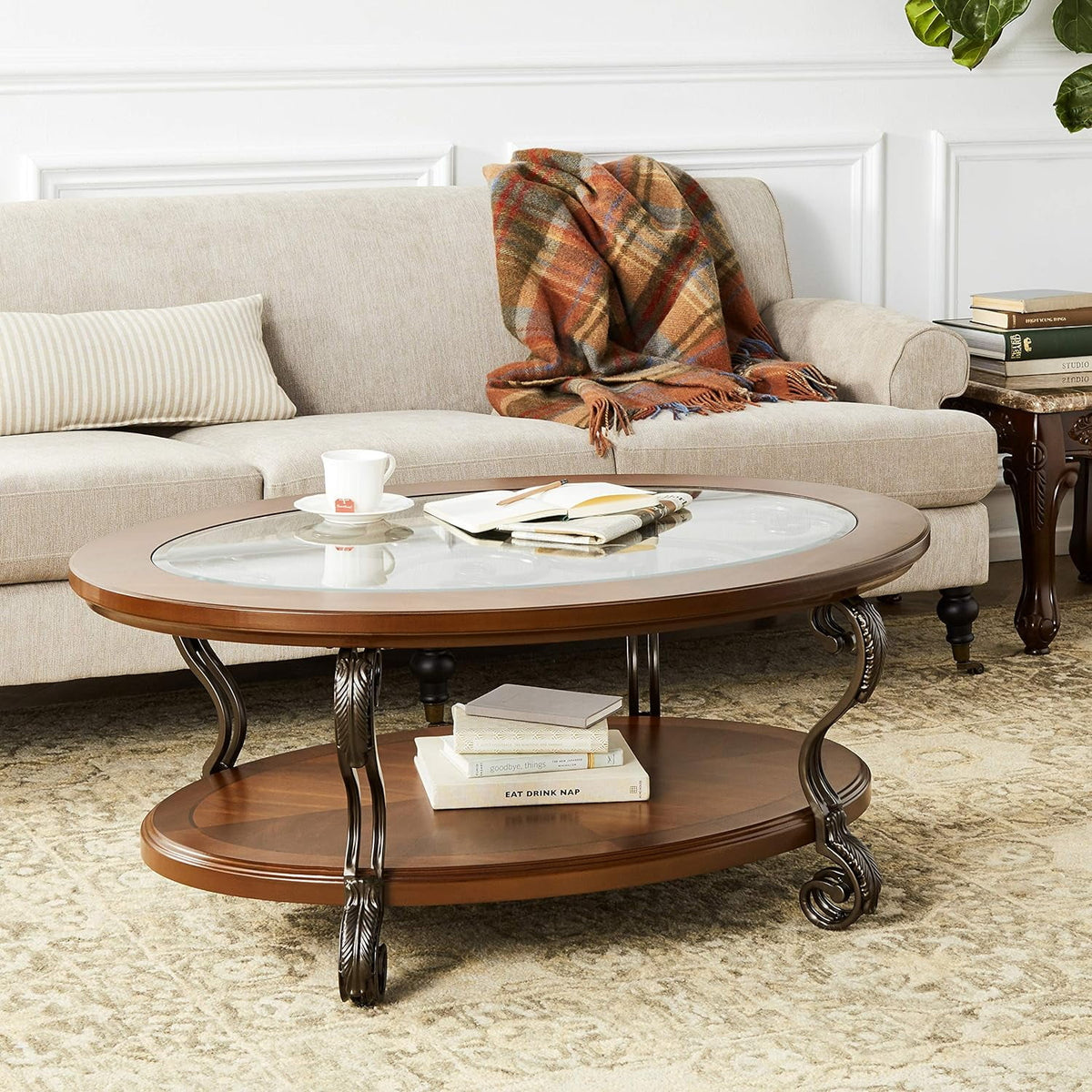 Oval Coffee Table with Glass Top and 1 Shelf K57603
