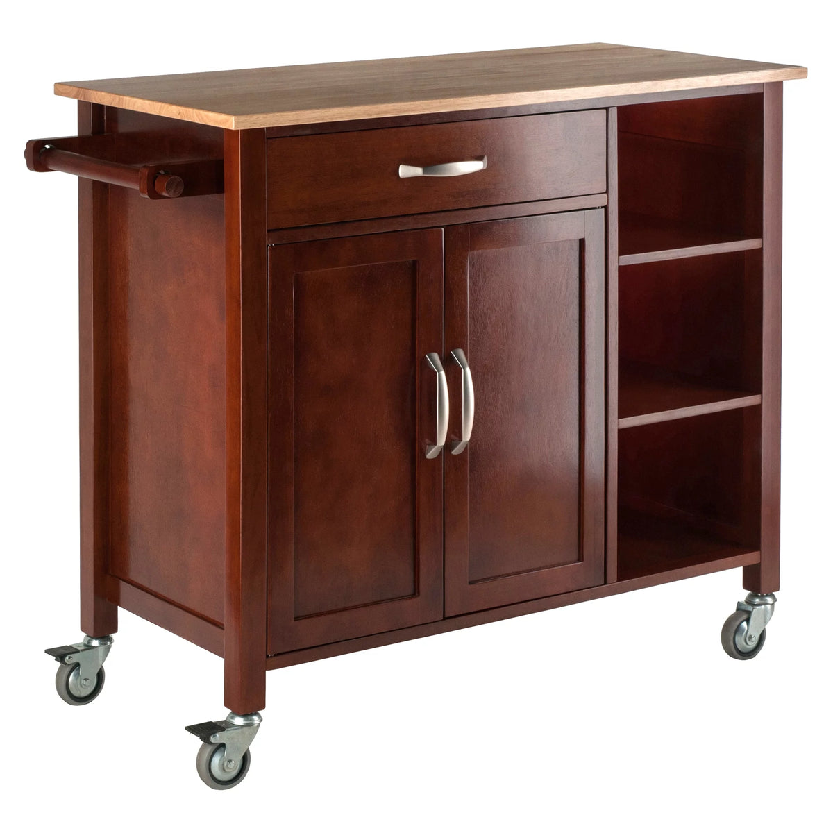 Beige and Brown Walnut Kitchen Cart with Drawer and Cabinet O582