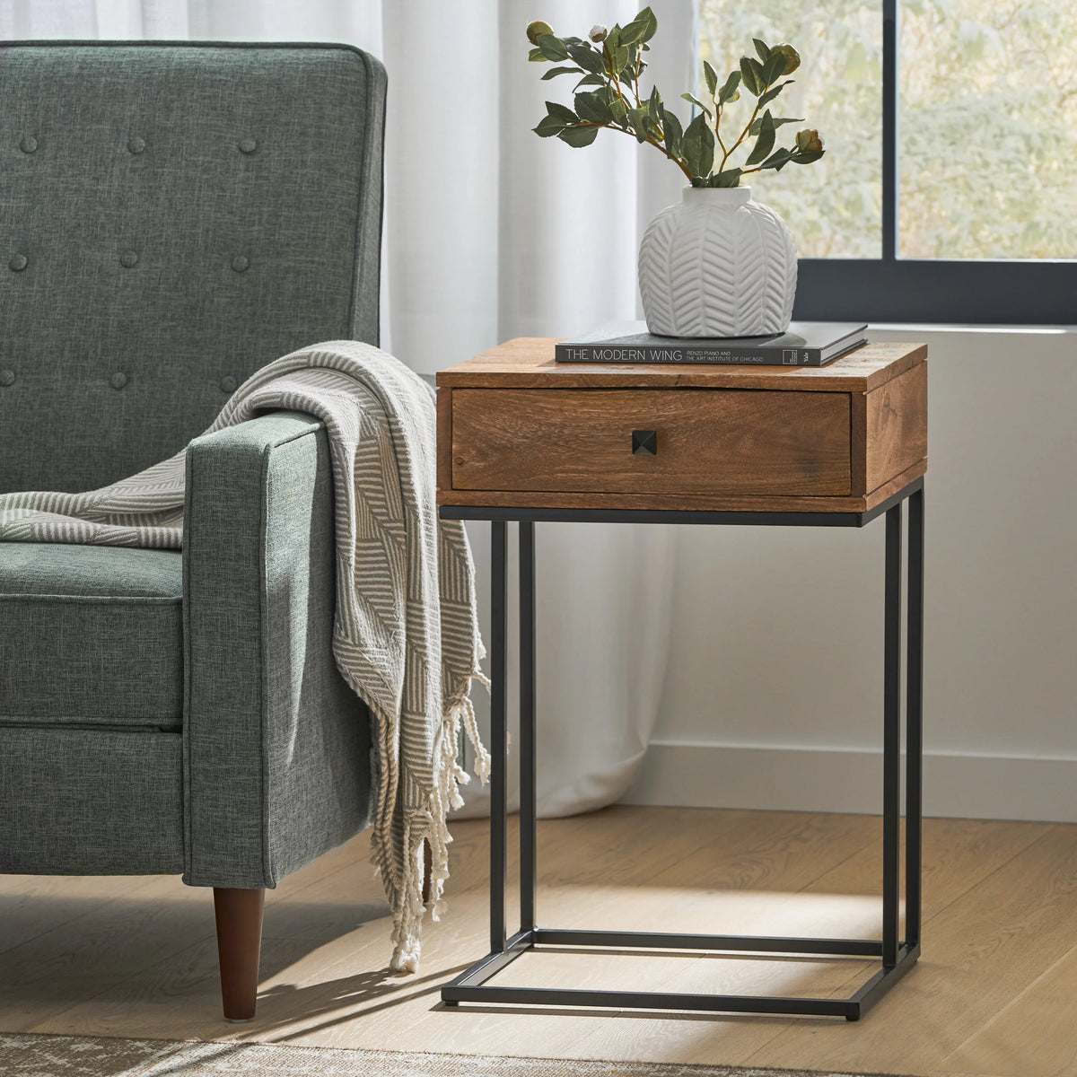 Mango Wood C-Shaped Side Table with Drawer W302160