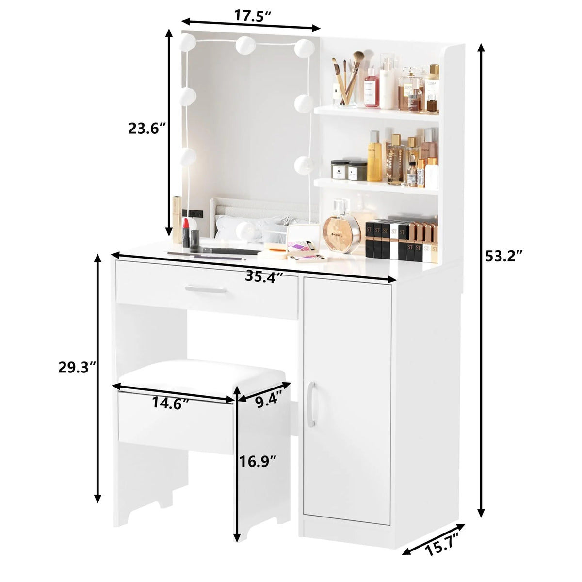 White Makeup Vanity Table Set with Lighted Mirror and Stool L27358