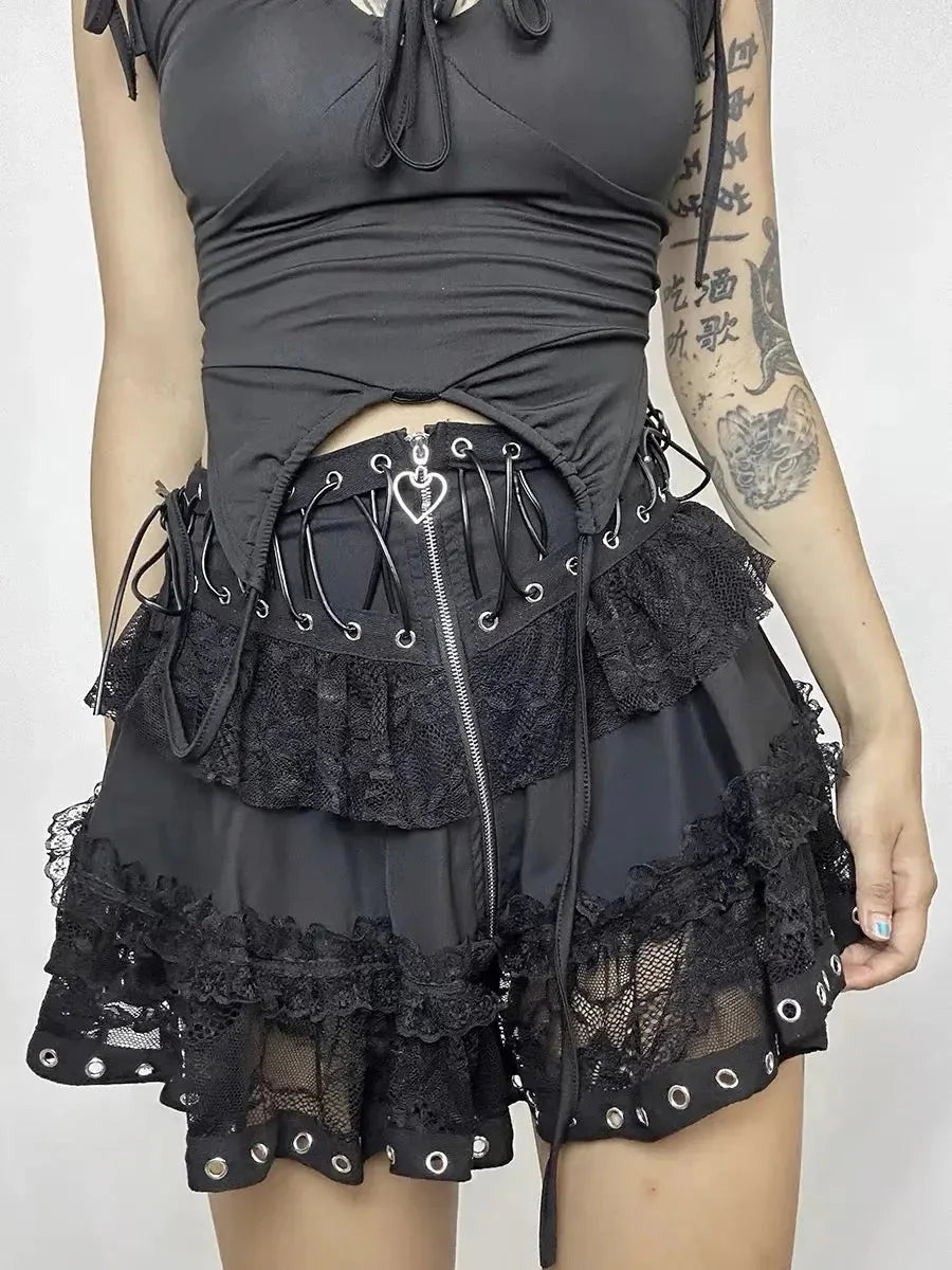 Goth Lolita Patchwork Lace Up Skirt M3666