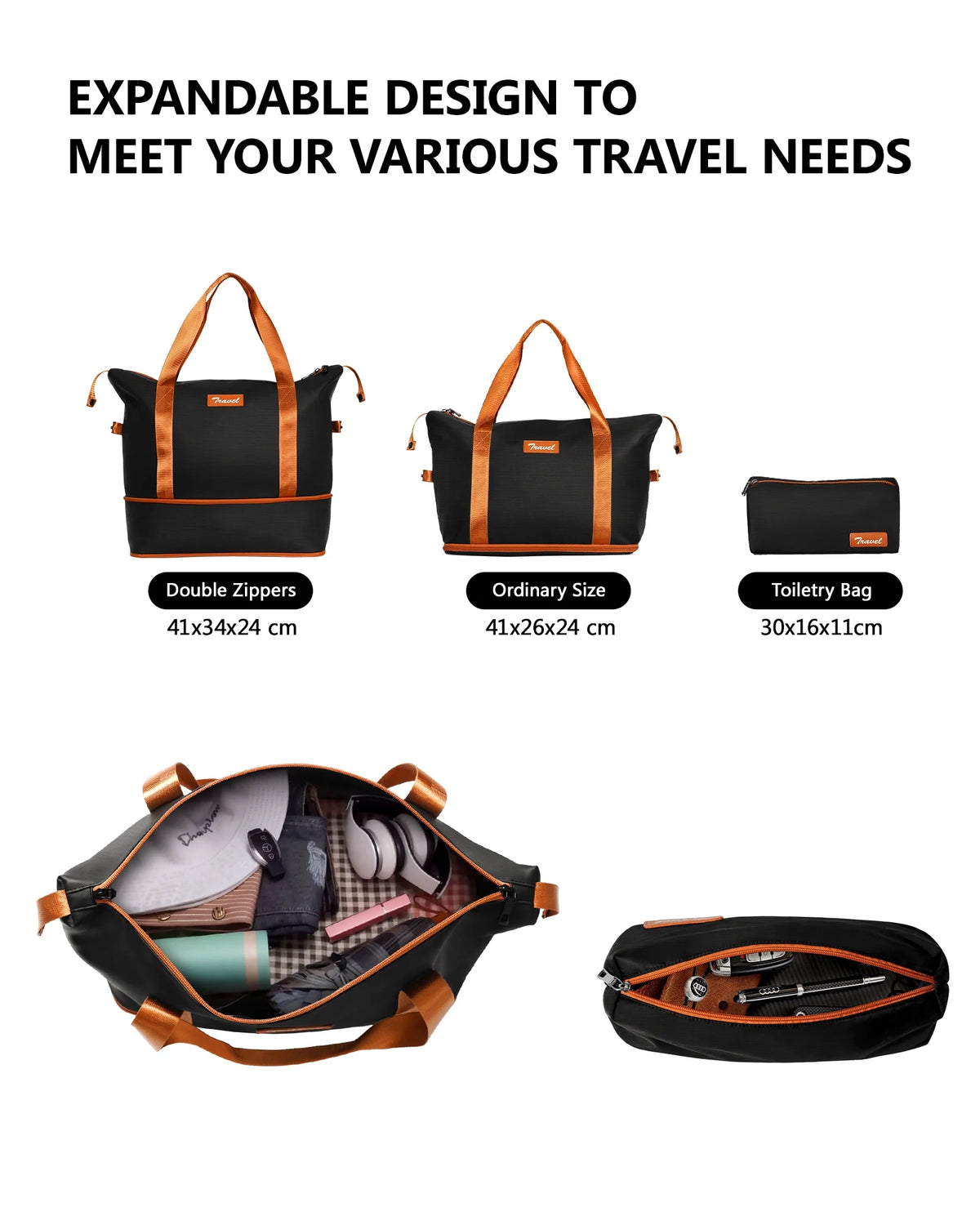 20 inch Carry-on Luggage Spinner Suitcase with Expandable Duffel Bag Travel Set, Black Tan Z95808