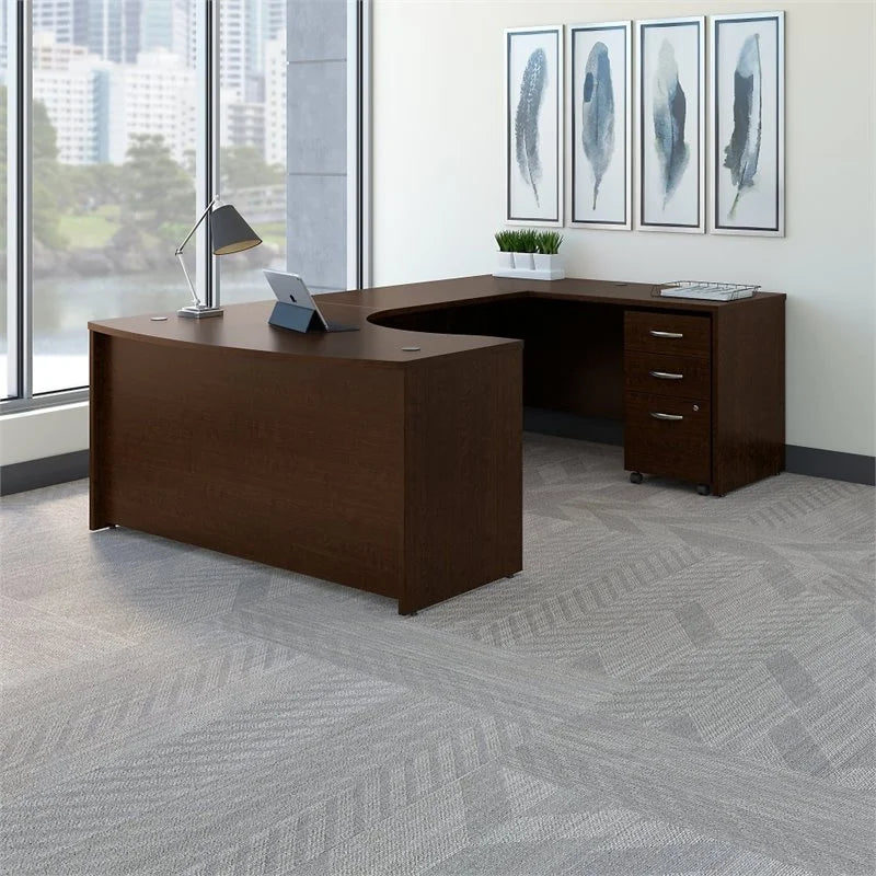 60W Bow Front U Desk with Drawers in Mocha Cherry Engineered Wood Z586