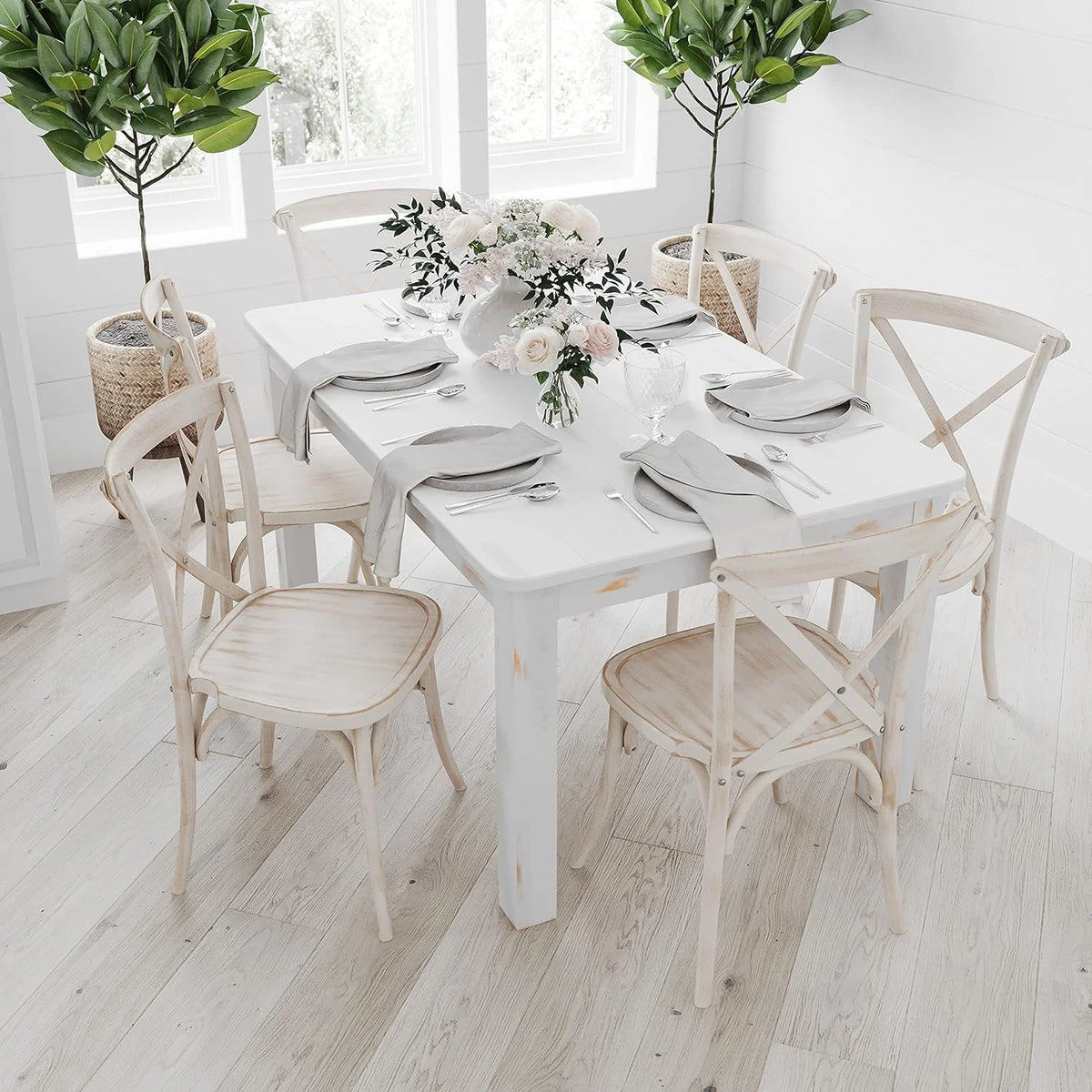 60" X 38" Rectangular Antique Rustic White Solid Pine Dining Table N412