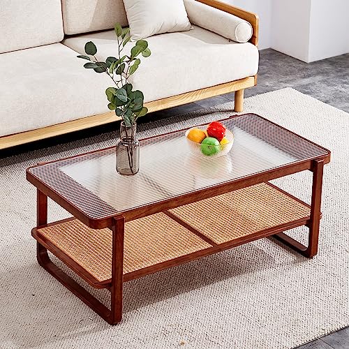 Rattan Coffee Table with Tempered Glass Top W85795