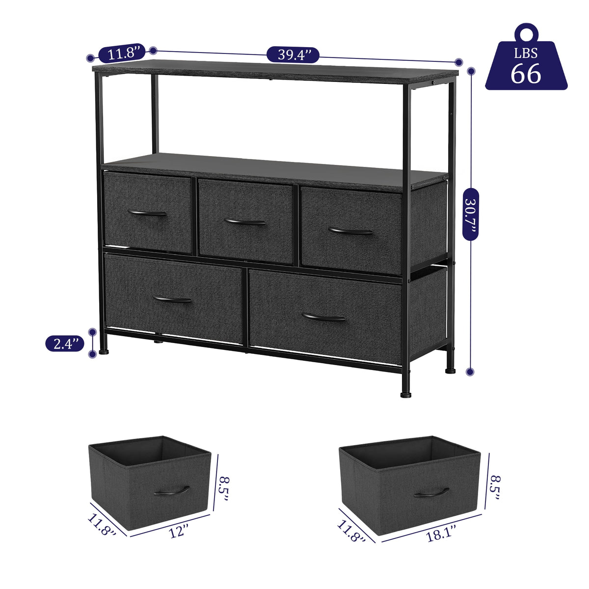 Black Dresser TV Stand with Fabric Drawers T527