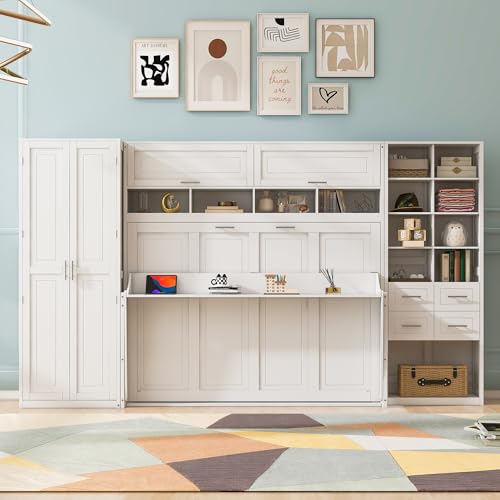 Queen Size Murphy Bed with Desk and Storage Drawers White Y389112