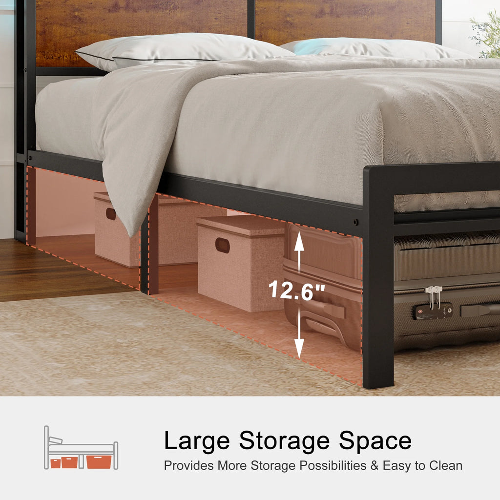 Queen Size Metal Platform Bed Frame with Wooden Headboard M89649