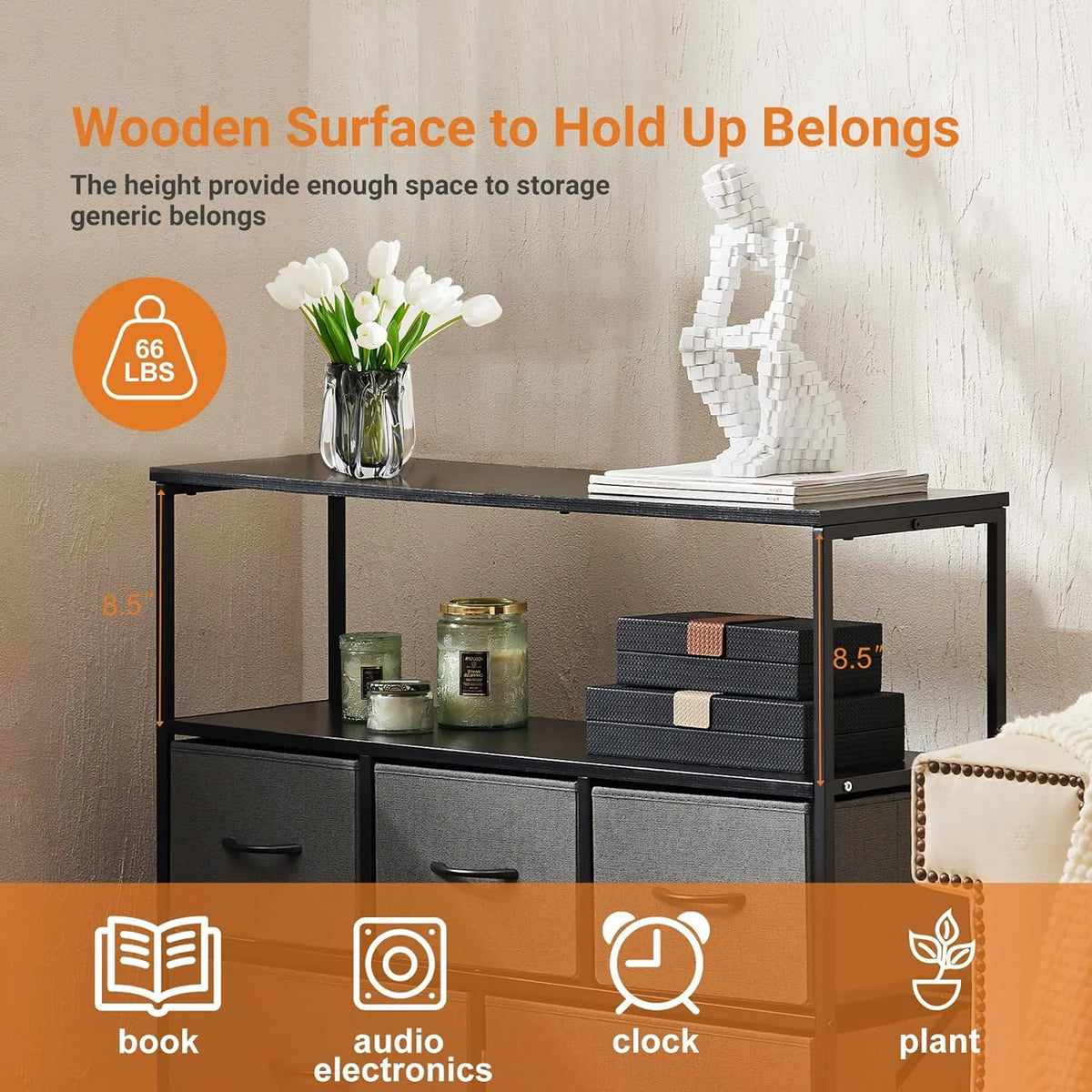 Dark Grey 5 Fabric Drawer Dresser TV Stand E8014