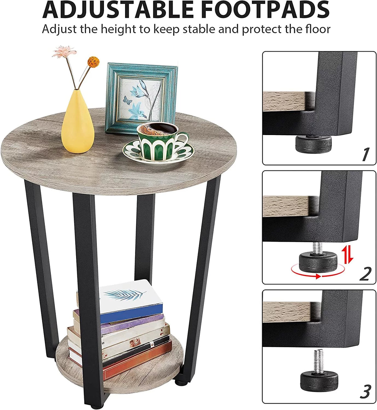 2-Tier Round End Tables Set of 2 with Metal Legs Gray I708