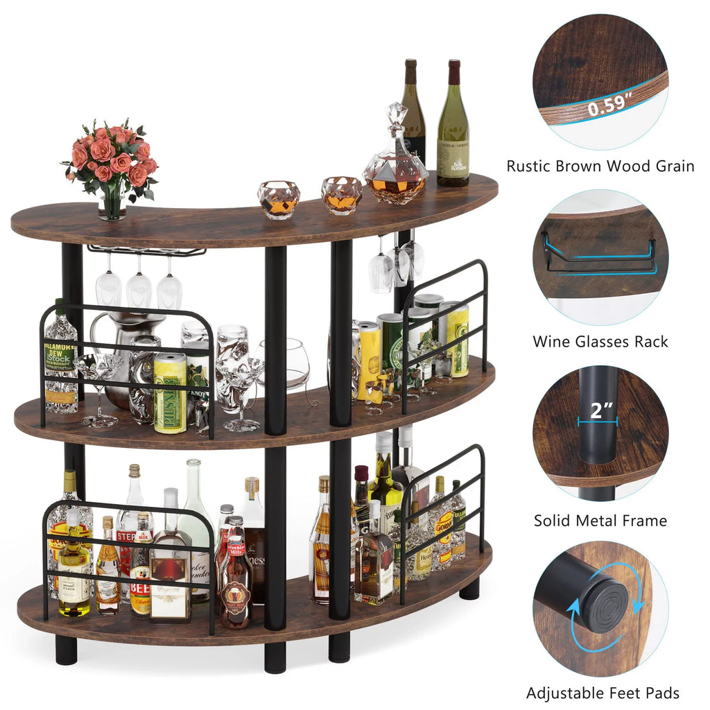 Rustic Brown 3 Tier Wine Bar Cabinet with Storage Shelves A379607