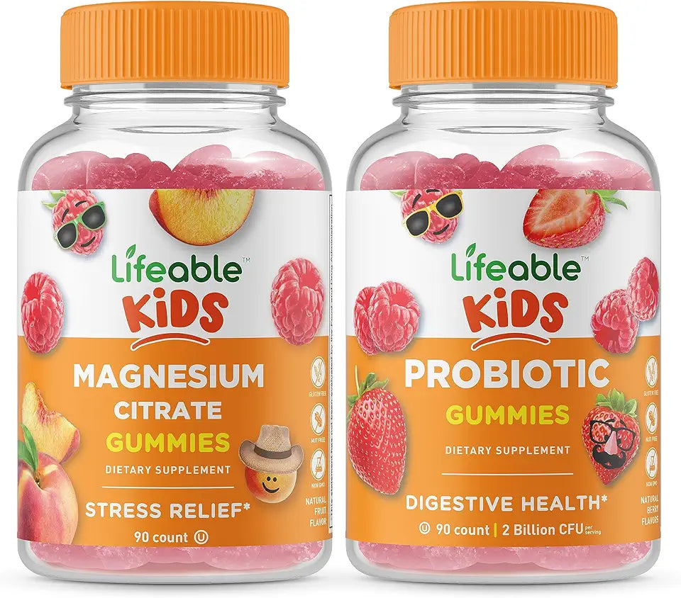 Magnesium Citrate Kids Probiotic 2 Billion CFU Gummies Bundle Gluten Free GMO Free Chewable Gummy O979275