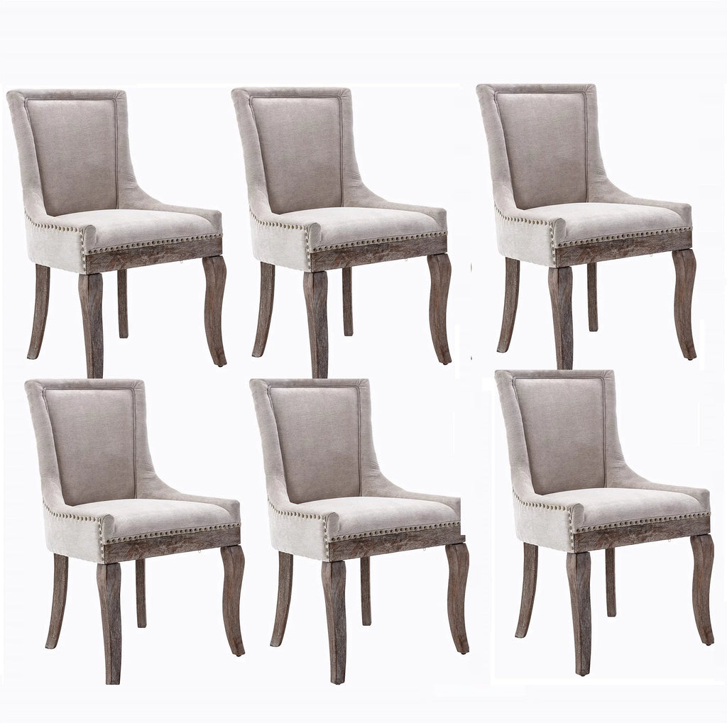 Beige Upholstered Fabric Dining Chairs Set of 6 with Solid Wood Legs H45681