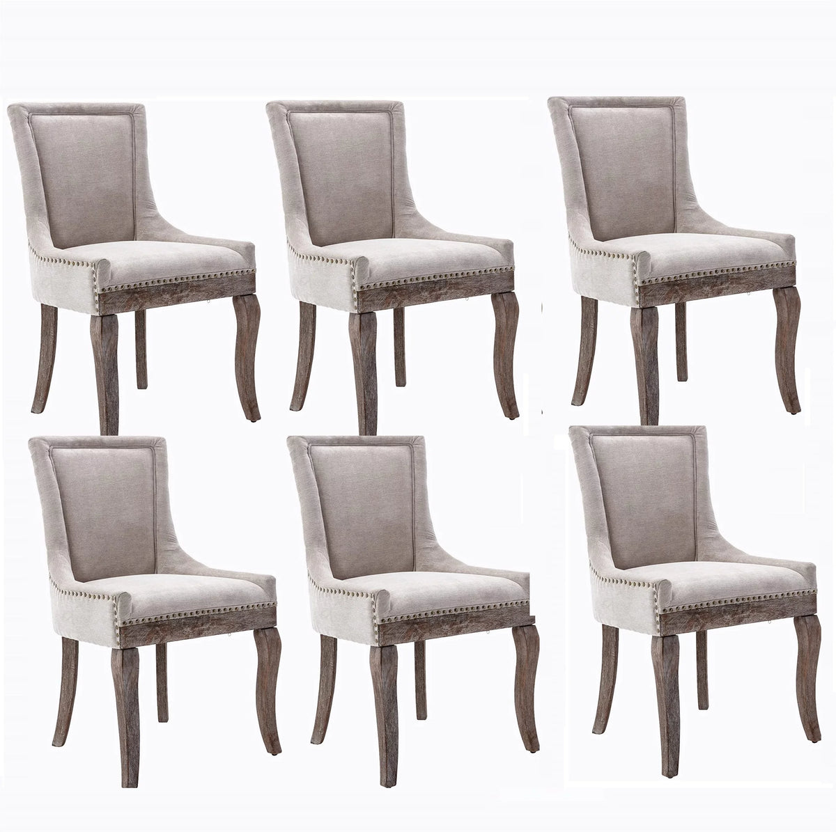 Beige Upholstered Fabric Dining Chairs Set of 6 with Solid Wood Legs H45681