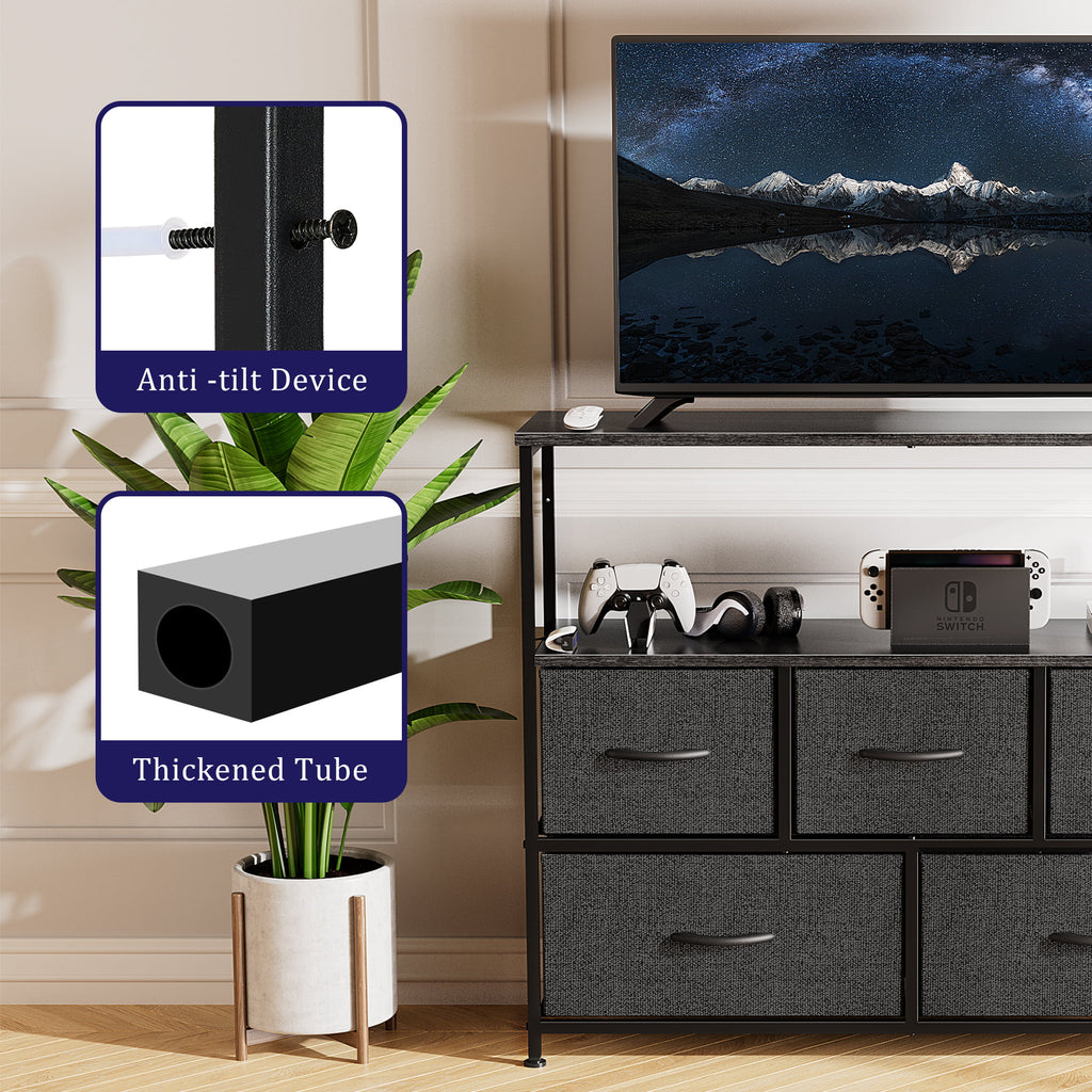 Black Dresser TV Stand with Fabric Drawers T527
