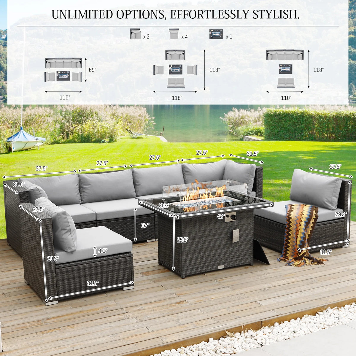 7 Pcs Wicker Outdoor Furniture with Fire Pit Table A82495