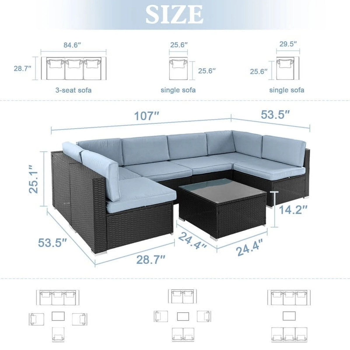 Black Wicker Rattan 7-piece Sectional Sofa Set O59513