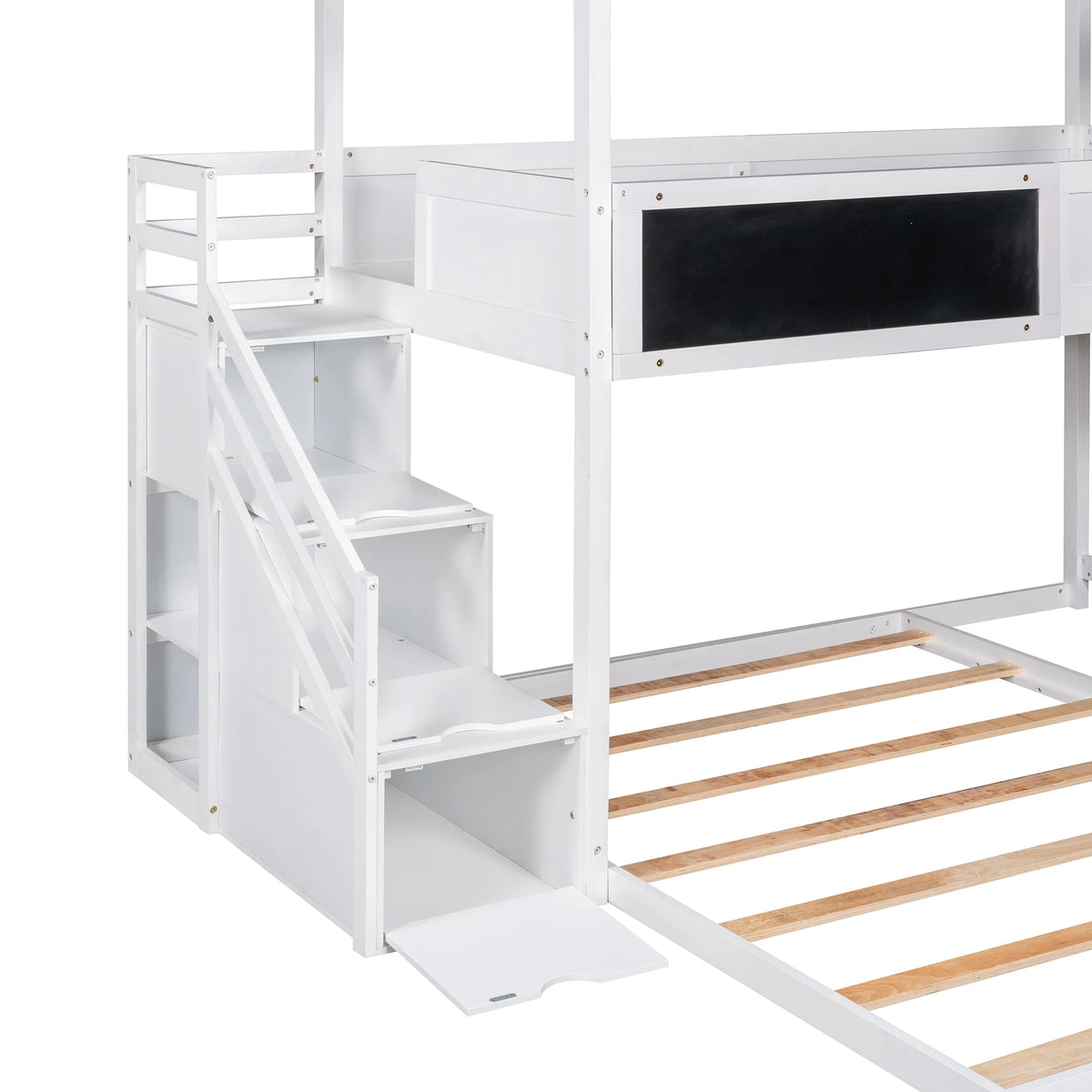 White Solid Wood Twin over Full Bunk Bed with Storage Staircase X91123