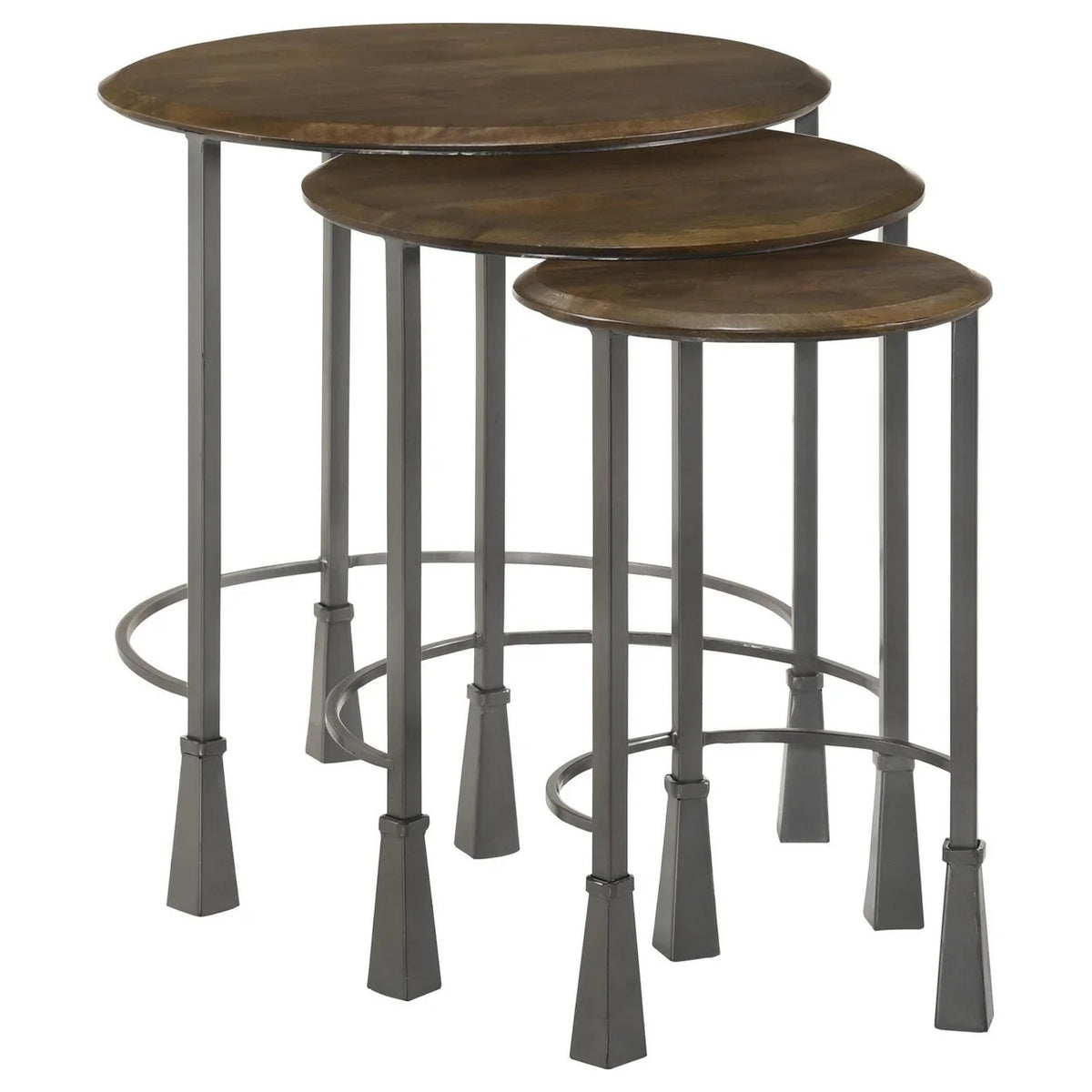 3 Piece Round Nesting End Table Set Gray Iron Legs Mango Brown Wood Q8487