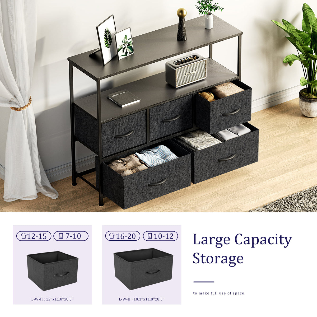 Black Dresser TV Stand with Fabric Drawers T527