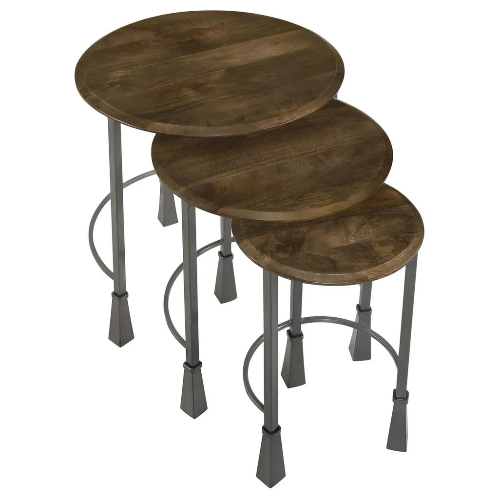 3 Piece Round Nesting End Table Set Gray Iron Legs Mango Brown Wood Q8487