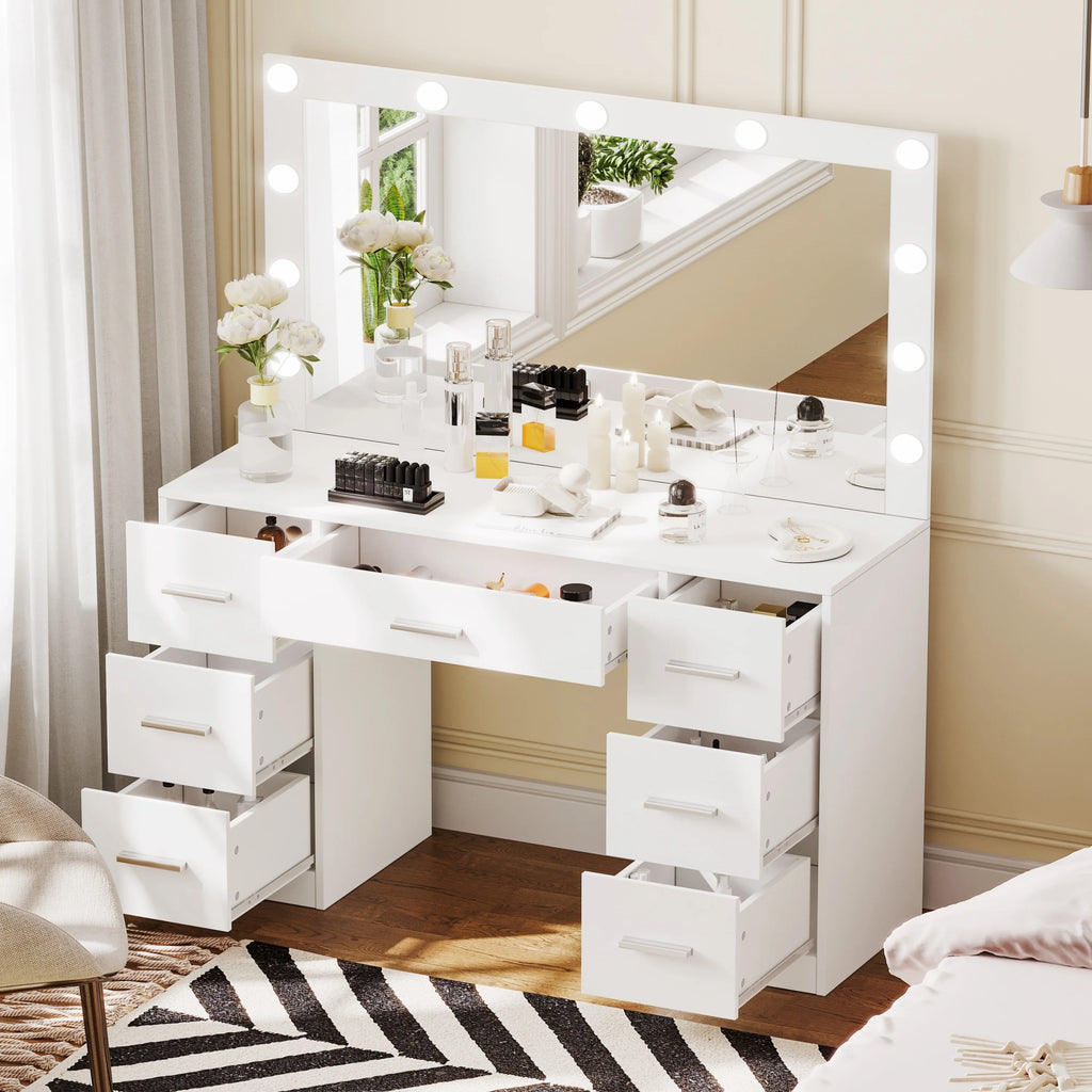 White Makeup Vanity Table with Mirror and 7-Drawer K9200