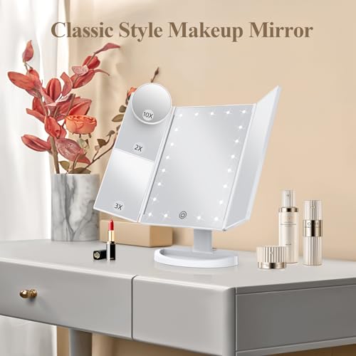 White Trifold Makeup Mirror with Lights L8825