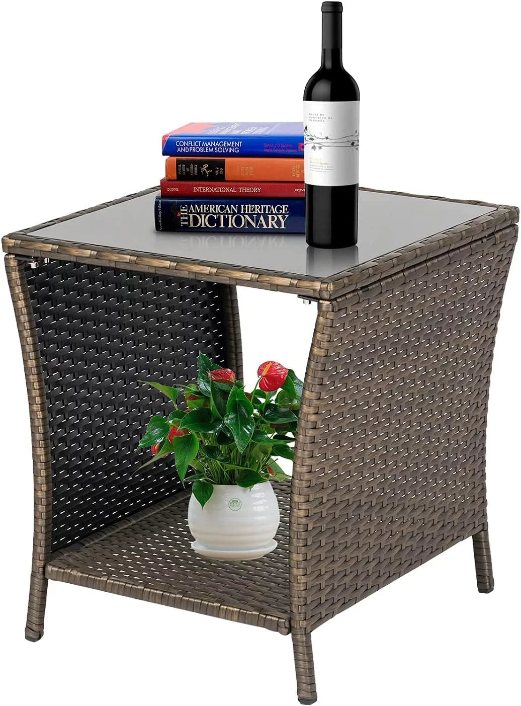 Brown Wicker Rattan Side Table with Storage T109