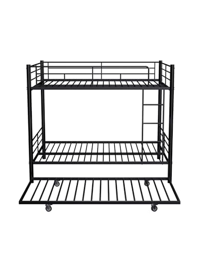 Full Over Full Bunk Bed with Trundle and Ladder, Black J306
