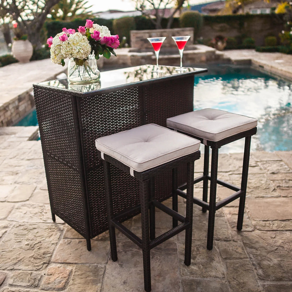 3-Piece Outdoor Wicker Bar Set with Cushions Y93285