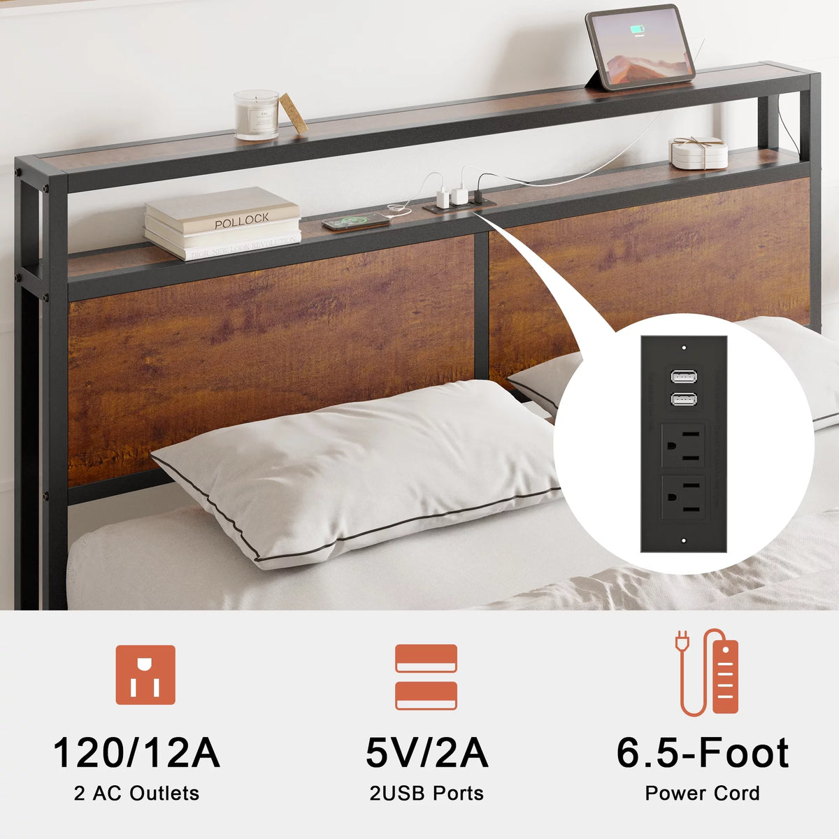 Queen Size Metal Platform Bed Frame with Wooden Headboard M89649