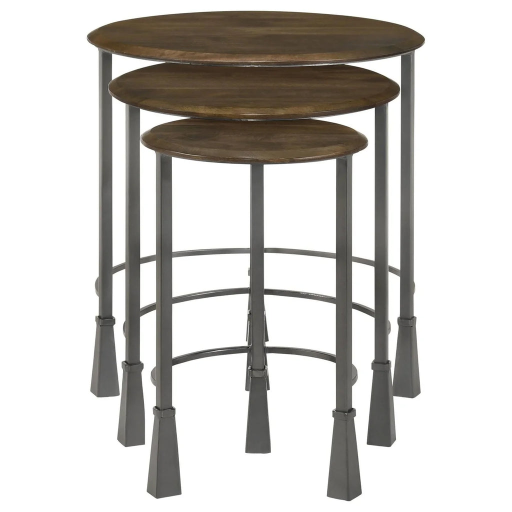 3 Piece Round Nesting End Table Set Gray Iron Legs Mango Brown Wood Q8487