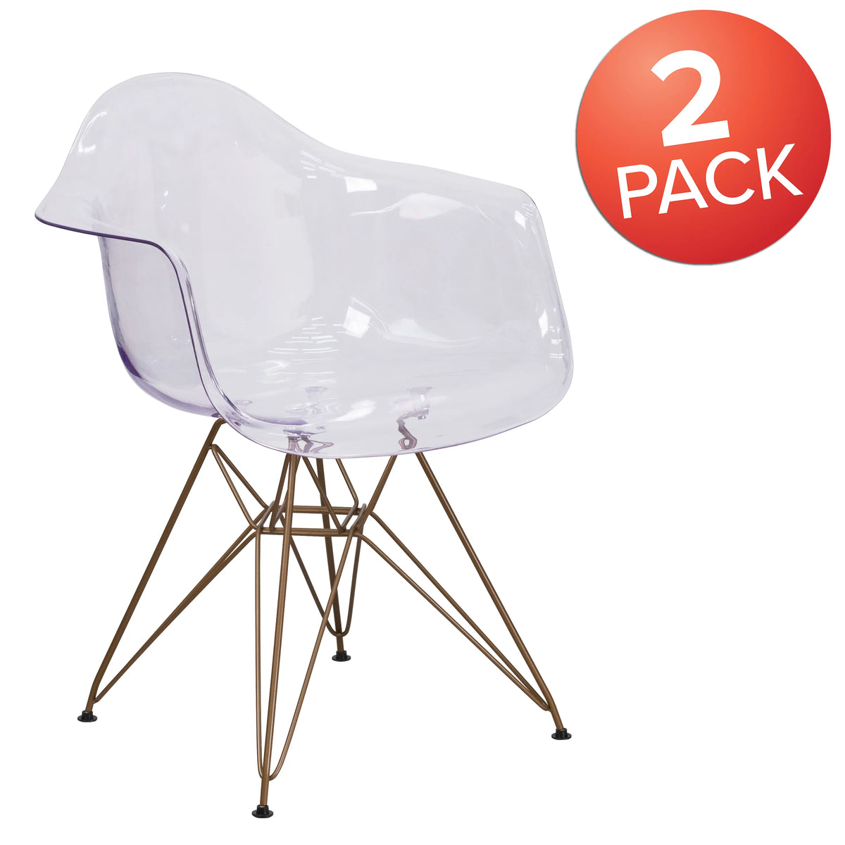 2 Pack Transparent Side Chair with Arms and Gold Base X51722