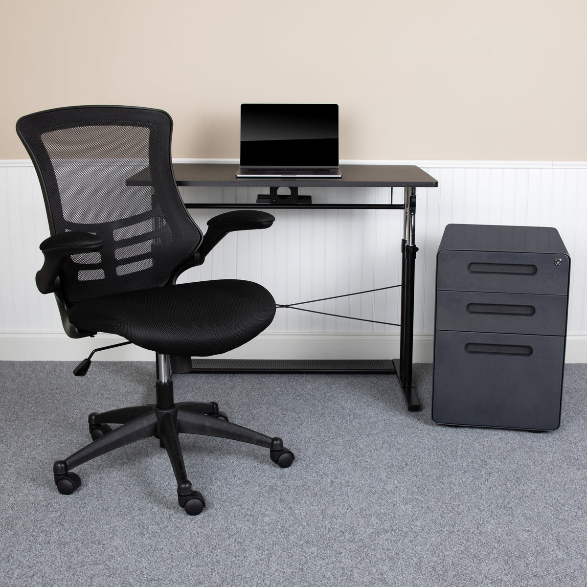Adjustable Computer Desk, Ergonomic Mesh Office Chair and Mobile Filing Cabinet W943
