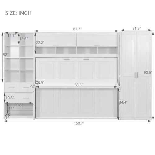 Queen Size Murphy Bed with Desk and Storage Drawers White Y389112