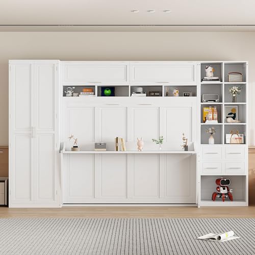 Queen Size Murphy Bed with Desk and Storage Drawers White Y389112