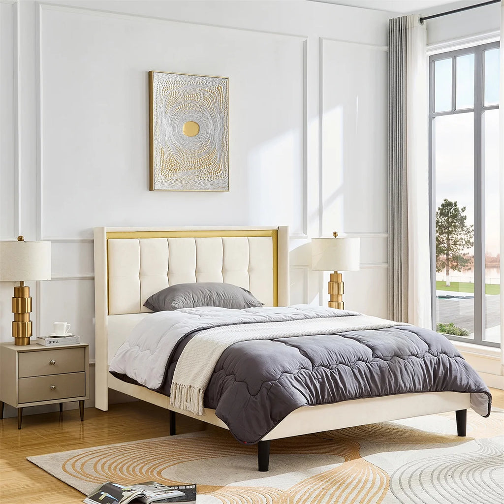 Queen Size Beige Upholstered Bed with Headboard G10939