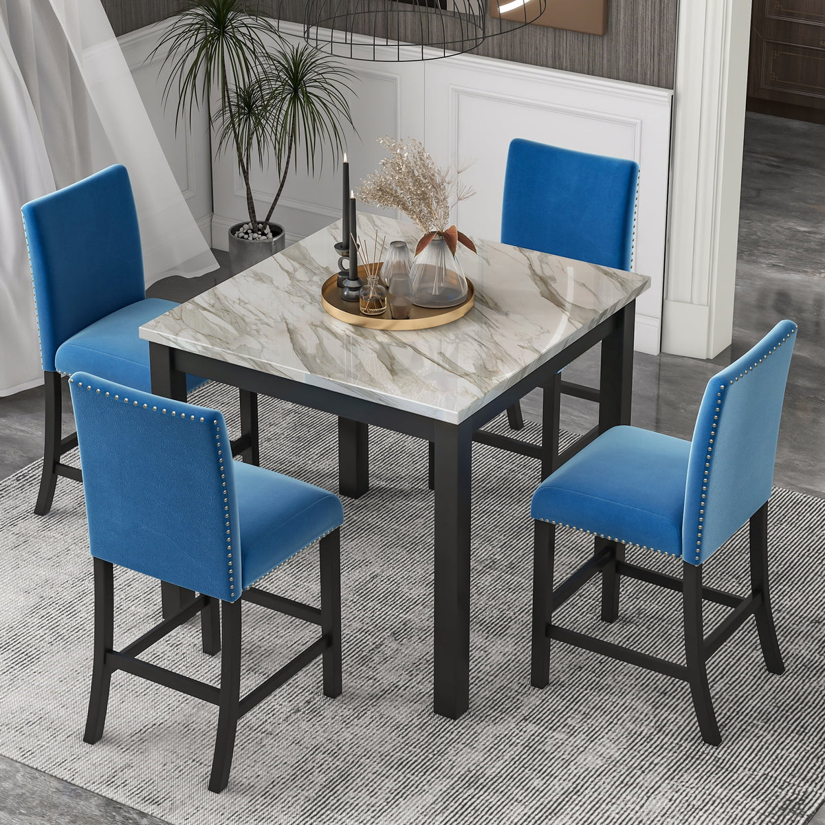 Blue 5-Piece Faux Marble Dining Table Set with 4 Upholstered Chairs X35922