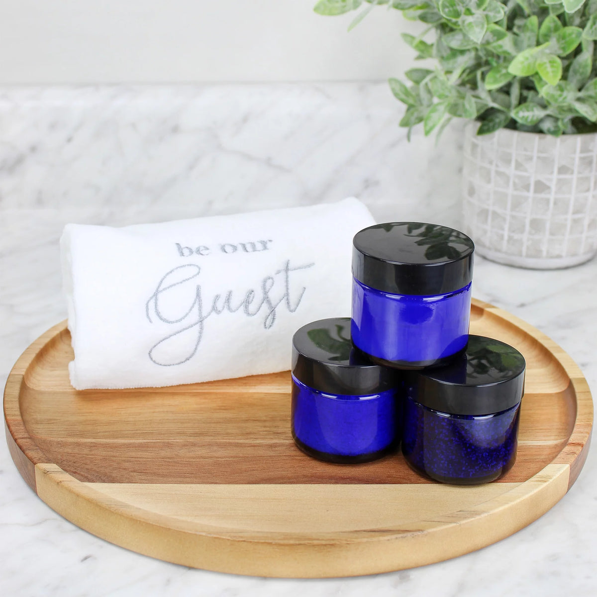 2 oz Cobalt Blue Glass Cosmetic Jars 12-Pack with Black Lined Lids W600