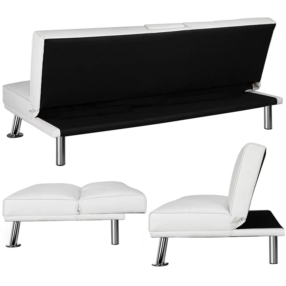 White Faux Leather Futon with Cupholders and Pillows Q420776