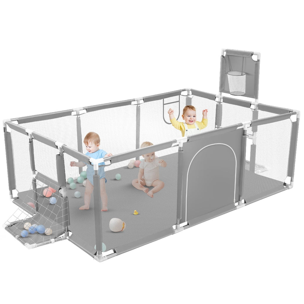 71 Inch Extra Large Baby Playpen with Basketball Hoop and Mesh E38103