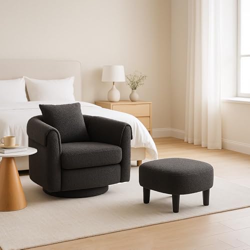 Black Chenille Swivel Accent Chair with Ottoman I908