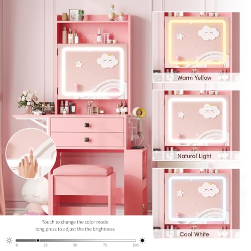 White Makeup Vanity Desk with Lighted Mirror and Chair X99870