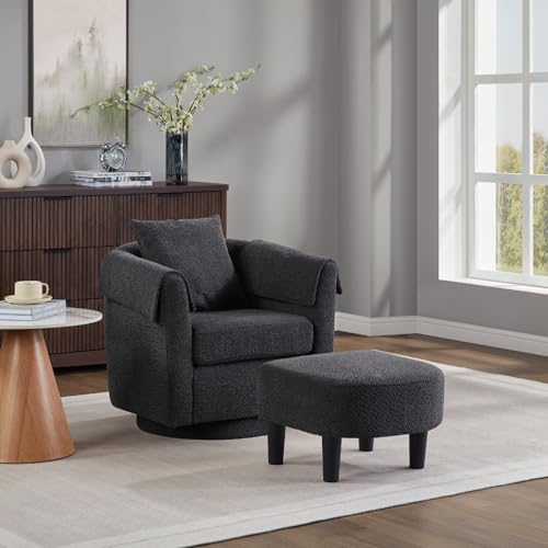 Black Chenille Swivel Accent Chair with Ottoman I908