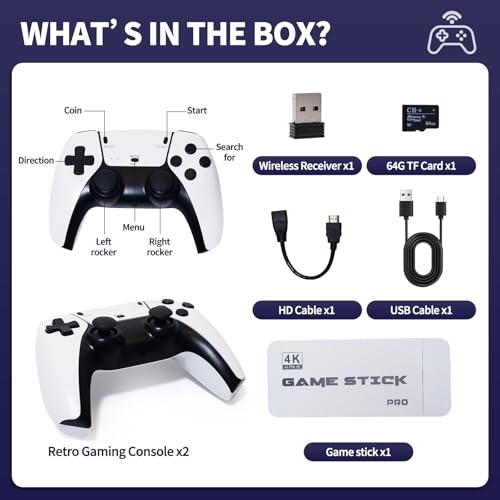 Wireless Retro Game Console Stick 4K with 20+ Emulators, 20,000+ Games, HDMI Output & 2.4GHz Wireless Controller, 64G F723803