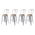 30 Inch Silver High Back Counter Height Metal Barstool with Light Wood Seat, Set of 4 I6099