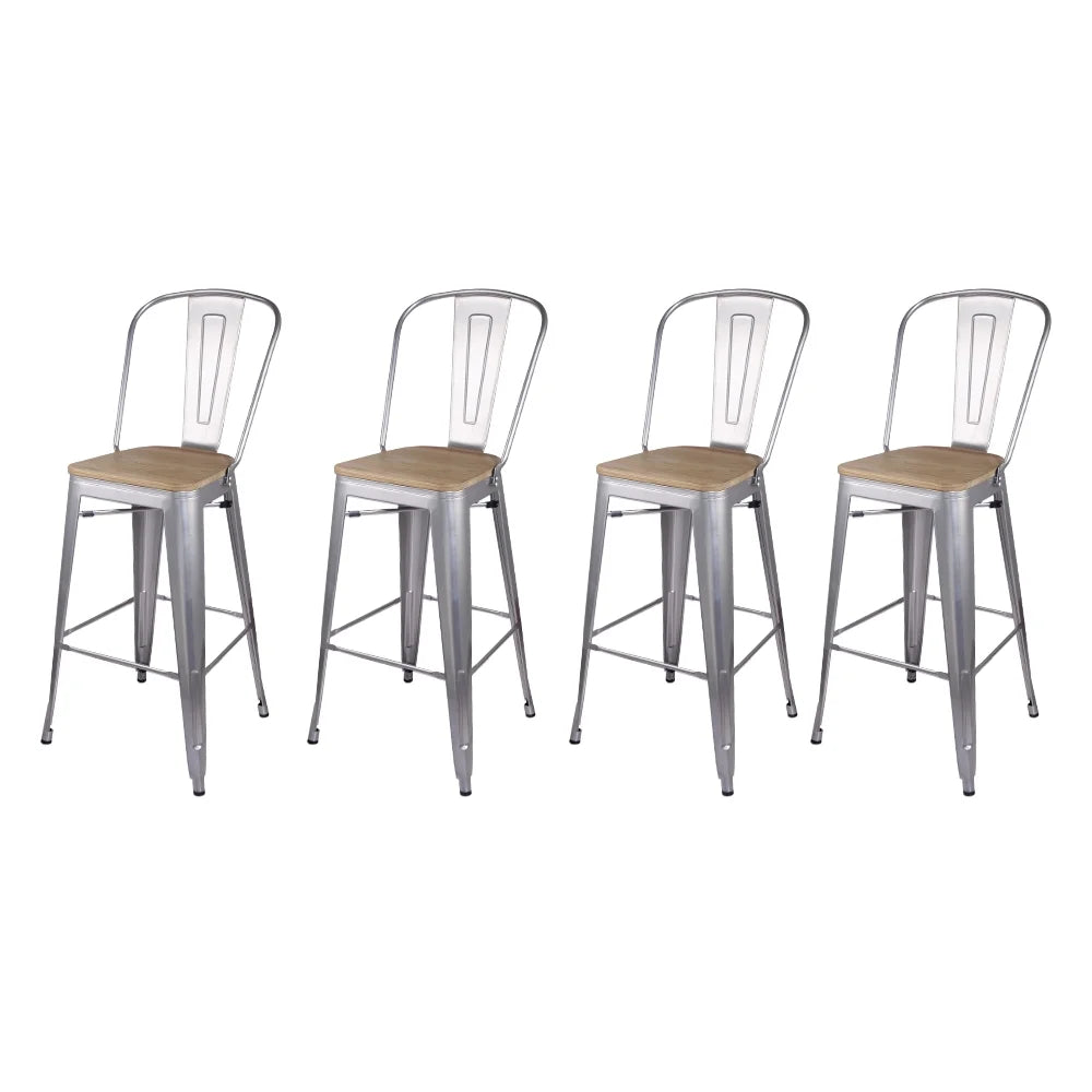 30 Inch Silver High Back Counter Height Metal Barstool with Light Wood Seat, Set of 4 I6099