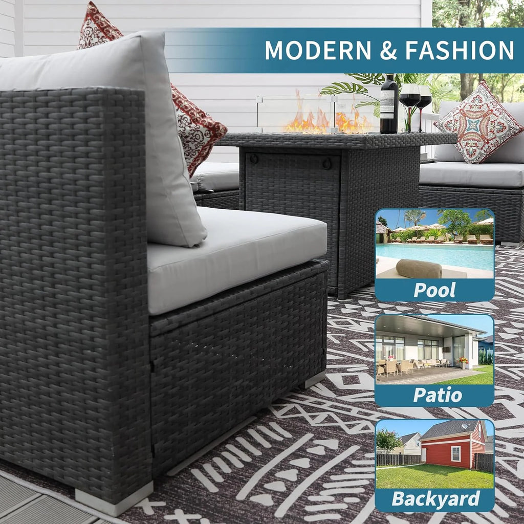 7 Pcs Wicker Outdoor Furniture with Fire Pit Table A82495