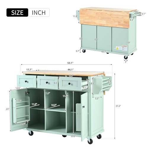 Farmhouse Kitchen Island with Power Outlet, Drop Leaf, Spice Rack and Drawer I325