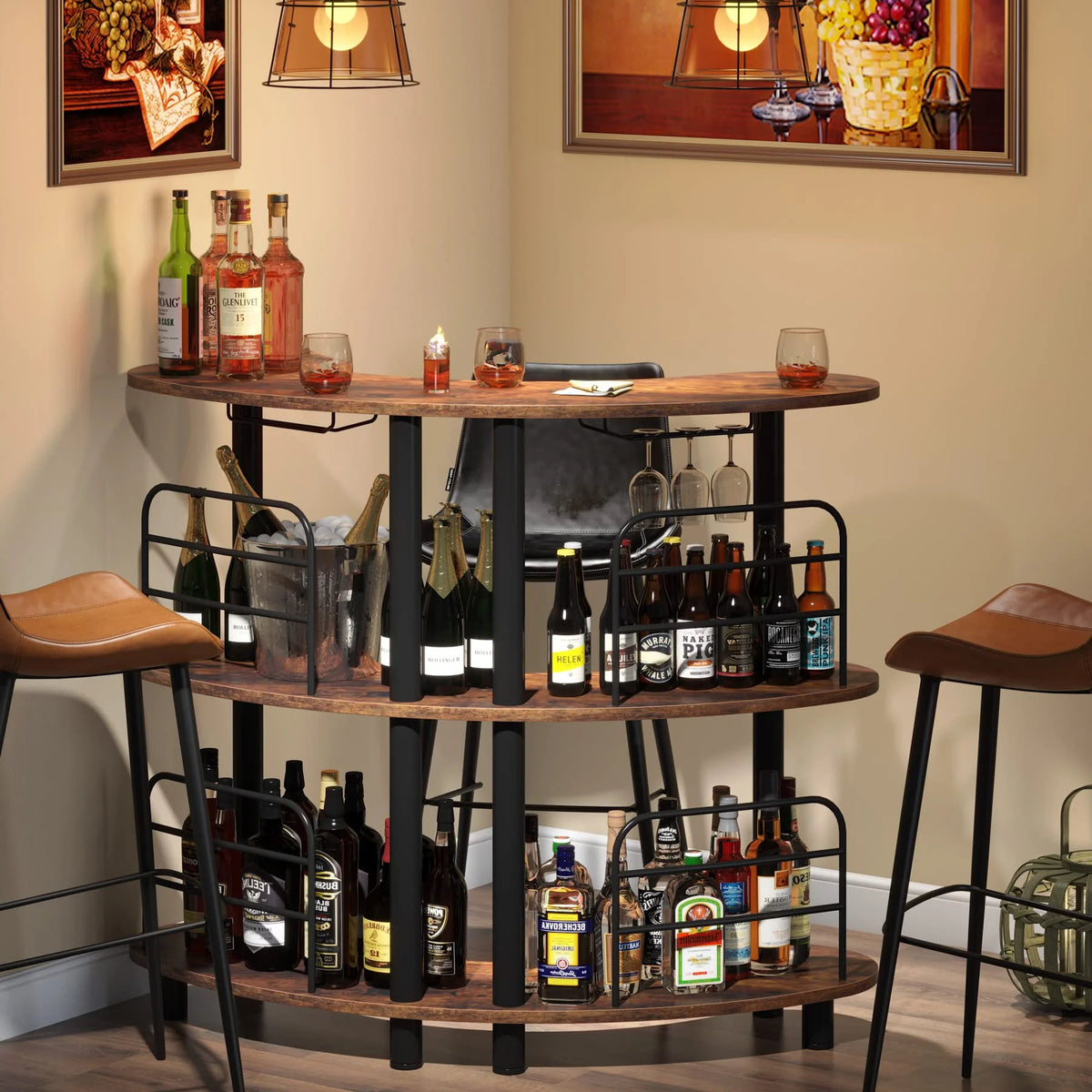 Rustic Brown 3 Tier Wine Bar Cabinet with Storage Shelves A379607